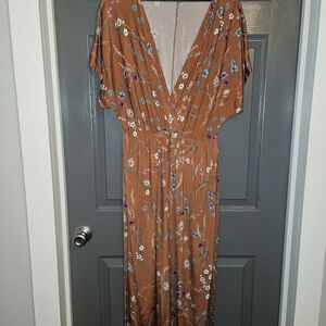 Burnt Orange Floral V-Neck Maxi Dress